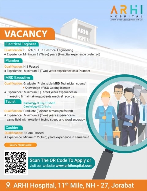 Vacancies for Electrical Engineer, Plumber, MRD Executive, Typist and Cashier