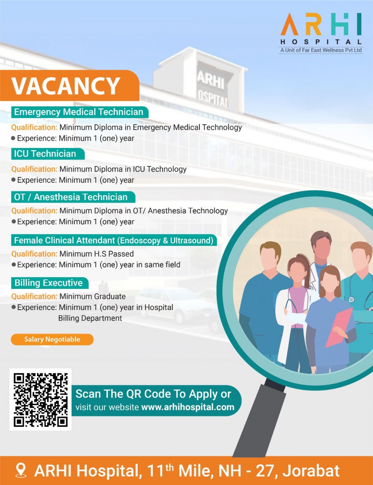Vacancies for Medical, ICU, and OT/ Anesthesia Technicians, Female Clinical Attendant(Endoscopy & Ultrasound) and Billing Executive