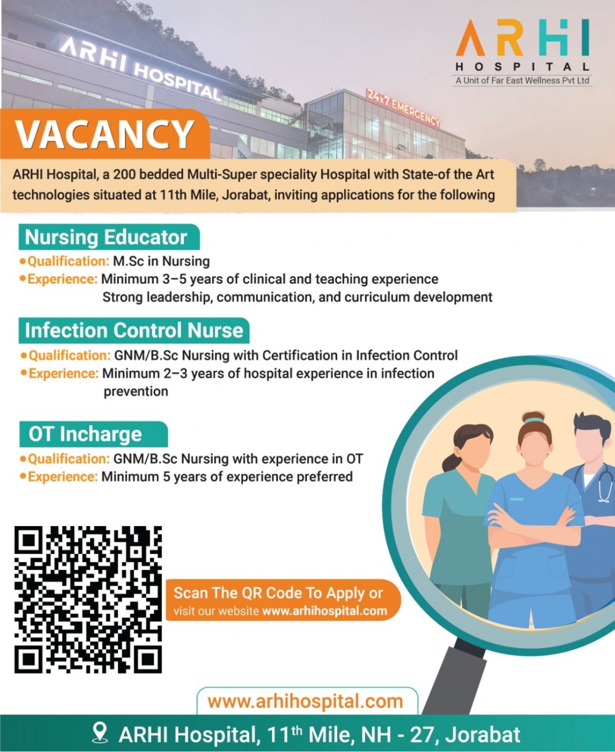 Vacancies for Nursing Educator, Infection Control Nurse, and OT Incharge